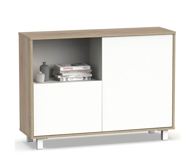 Briebe nova aparador, móvel auxiliar de sala, buffet, 2 portas, 1 étagère 82,5x112x33 cm, , blanc/madeira