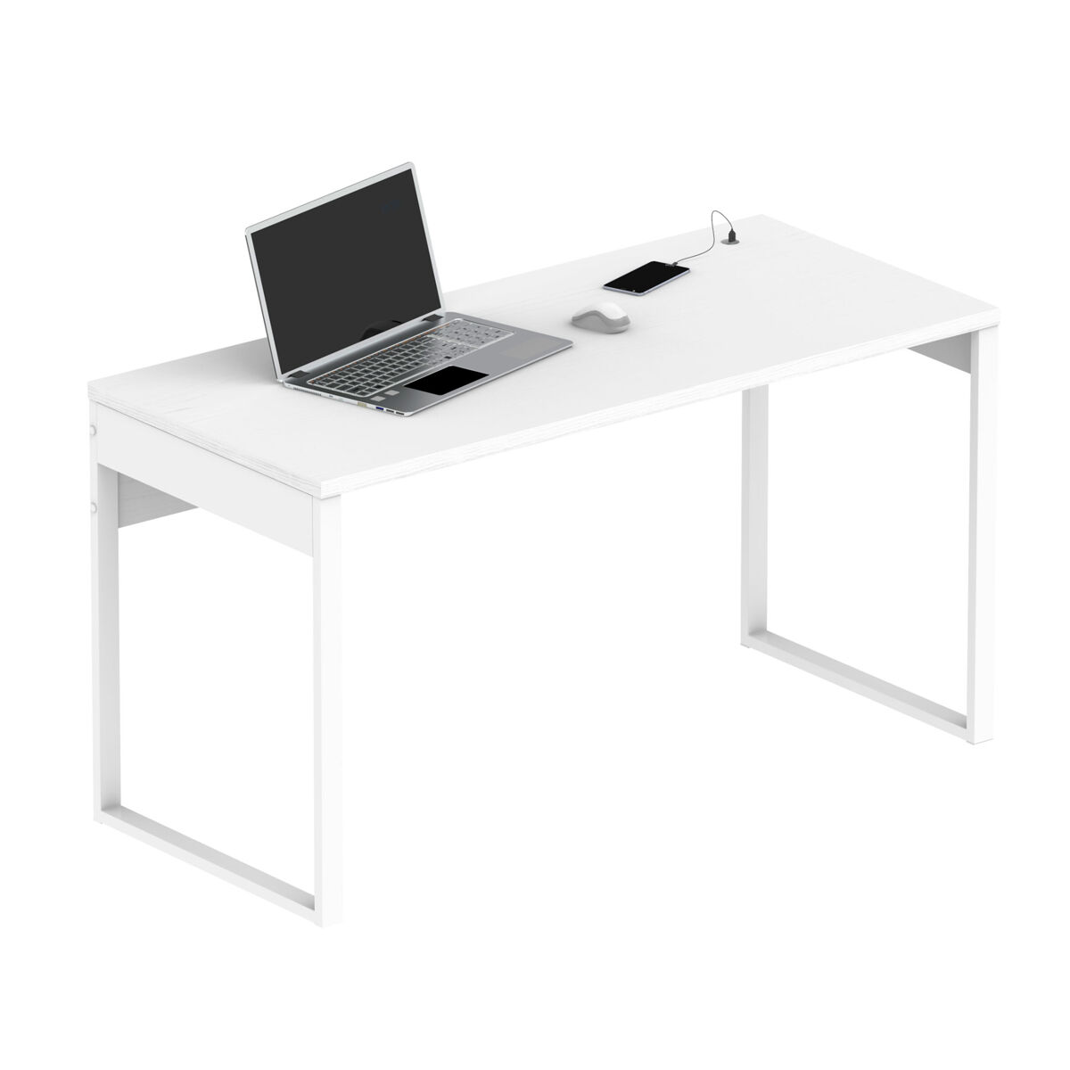 Briebe smuk mesa de escritório, escrivaninha computador, pernas com estrutura metálica 76x135x60cm, usb, , blanc