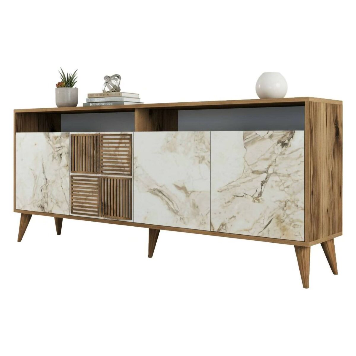 Aparador virgem, mesa multiusos, armário de apoio, secretária hall, 180x35h79 cm, nogueira e mármore branco