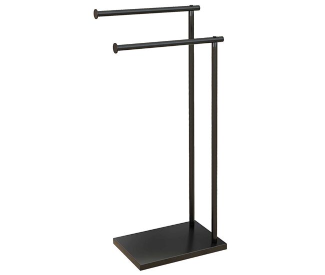 Homcom toalheiro de pé de 2 níveis toalheiro casa de banho com 2 barras e estrutura de metal toalheiro moderno em forma de l 35,5x20x78 cm preto