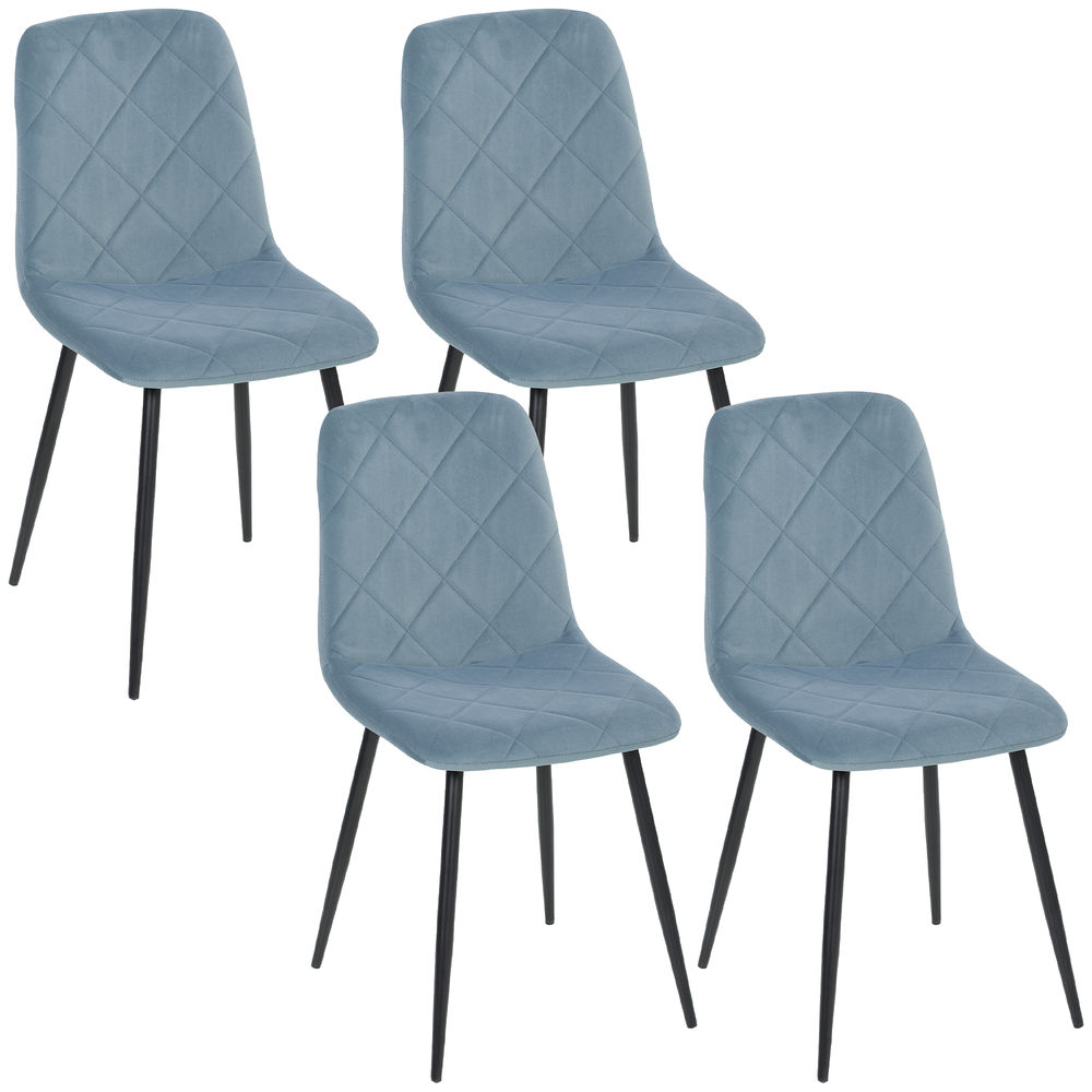 Homcom conjunto de 4 cadeiras de jantar modernas cadeiras de cozinha estofadas em veludo com pés de aço para sala de estar 45x54x87 cm azul claro