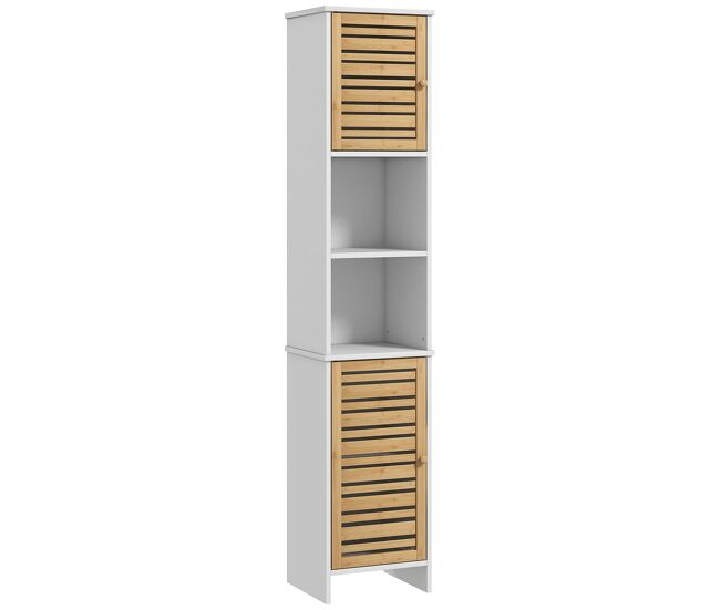 Homcom coluna casa de banho moderna móvel auxiliar casa de banho armário casa de banho com prateleiras ajustáveis e portas de bambu anti-tombo