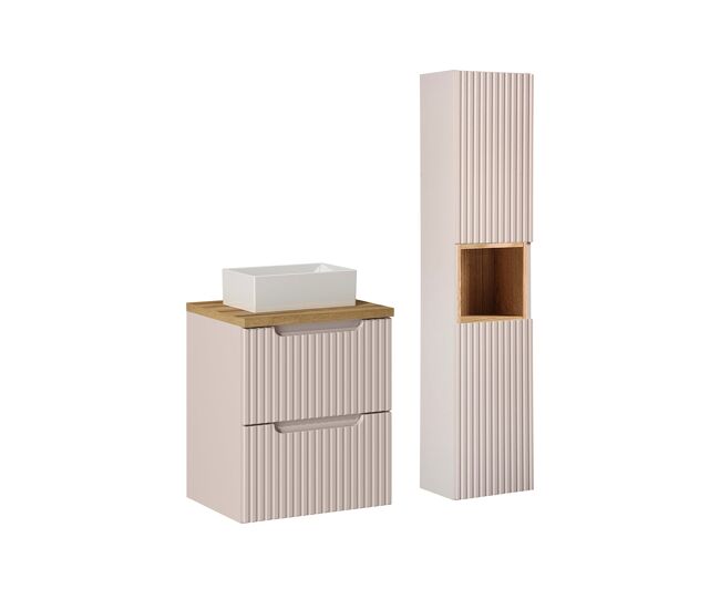 Conjunto móvel lavatório simples 50cm 2 gavetas coluna riva cashmere madeira