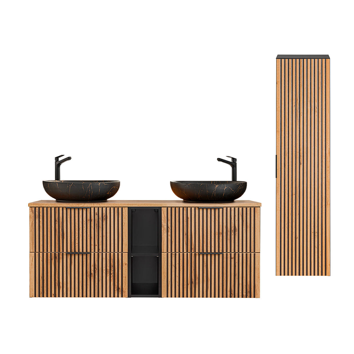 Conjunto móvel lavatório duplo 140cm 2 nichos e enceinte gaia madeira e noir lavatório noir