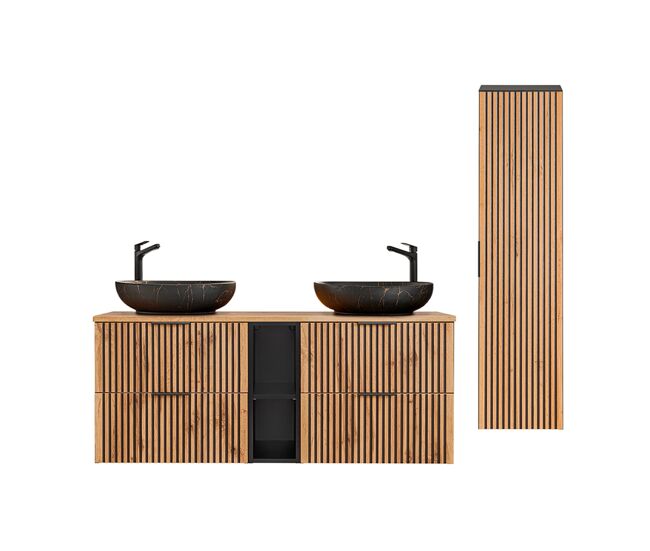 Conjunto móvel lavatório duplo 140cm 2 nichos e enceinte gaia madeira e noir lavatório noir
