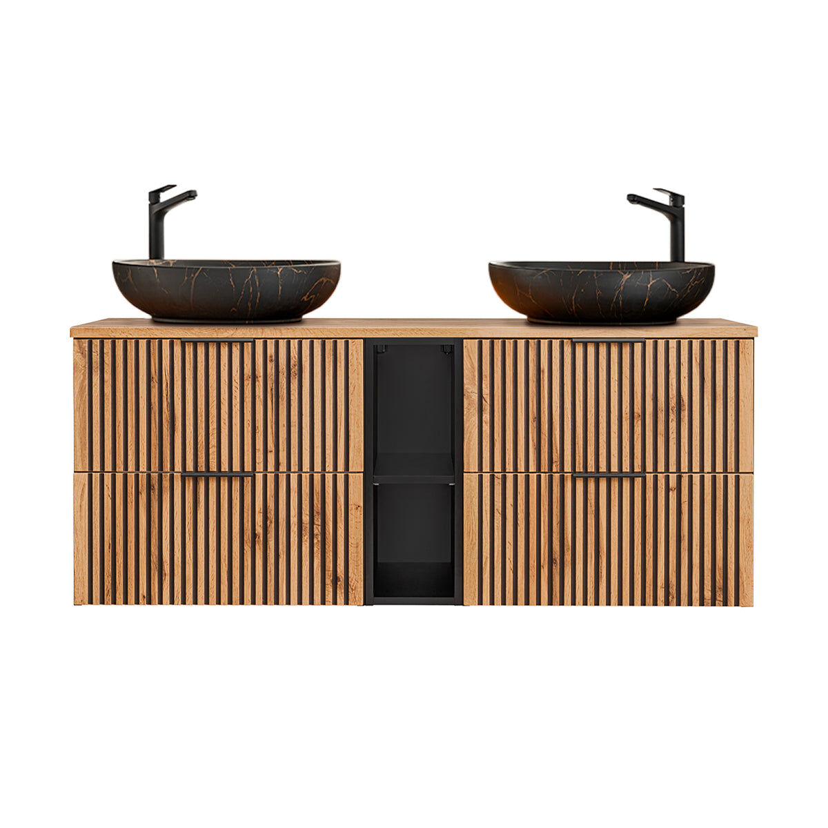 Móvel de lavatório duplo 140cm 2 nichos gaia madeira e noir lavatório noir