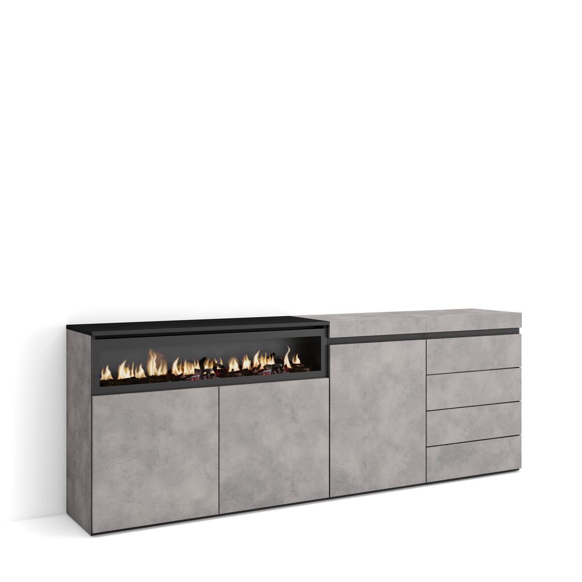 Aparador, buffet, amplo espaço armazenamento, 207x35x75cm, para quarto, dormitório, lareira eléctrica, cómoda, estilo moderno, cimento