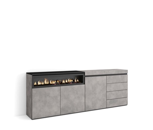 Aparador, buffet, amplo espaço armazenamento, 207x35x75cm, para quarto, dormitório, lareira eléctrica, cómoda, estilo moderno, cimento