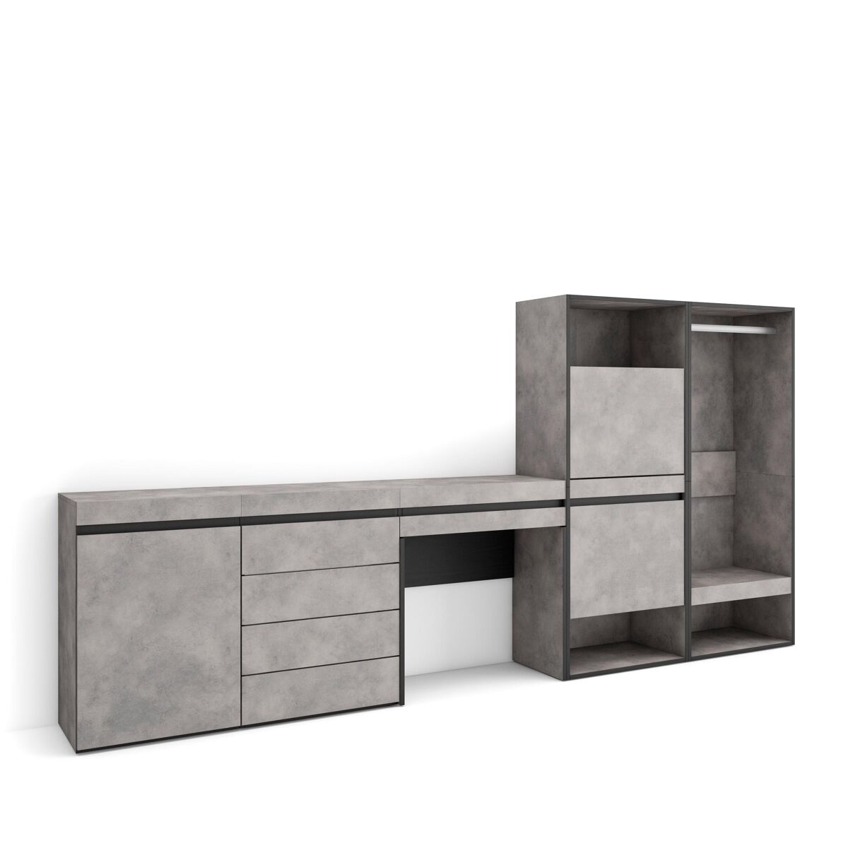 Sapateira, organização armazenamento, 297x35x145cm, para quarto, dormitório, roupeiro aberto, cómoda, toucador, estilo moderno, cimento
