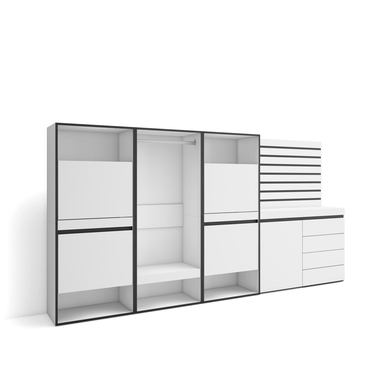 Sapateira, organização armazenamento, 287x35x145cm, para quarto, dormitório, roupeiro aberto, cómoda, tiras deco. madeira, estilo moderno, branco