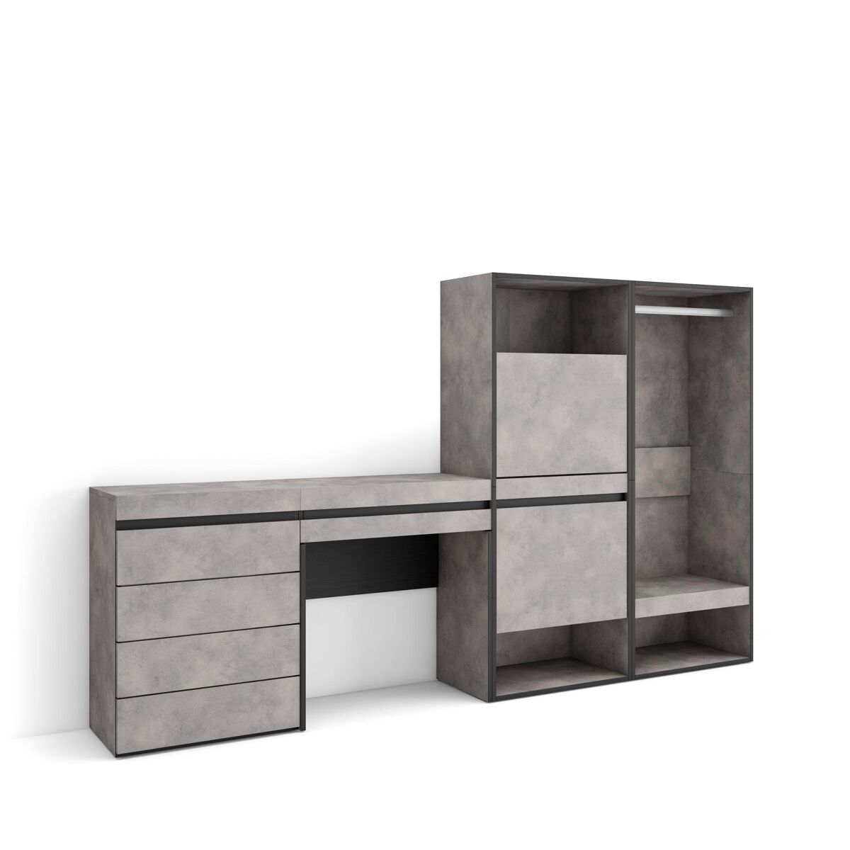 Sapateira, organização armazenamento, 247x35x145cm, para quarto, dormitório, roupeiro aberto, cómoda, toucador, estilo moderno, cimento