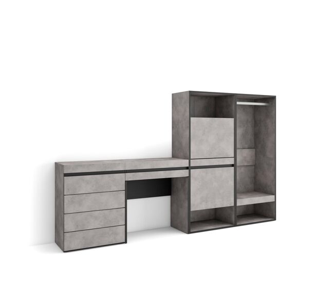 Sapateira, organização armazenamento, 247x35x145cm, para quarto, dormitório, roupeiro aberto, cómoda, toucador, estilo moderno, cimento
