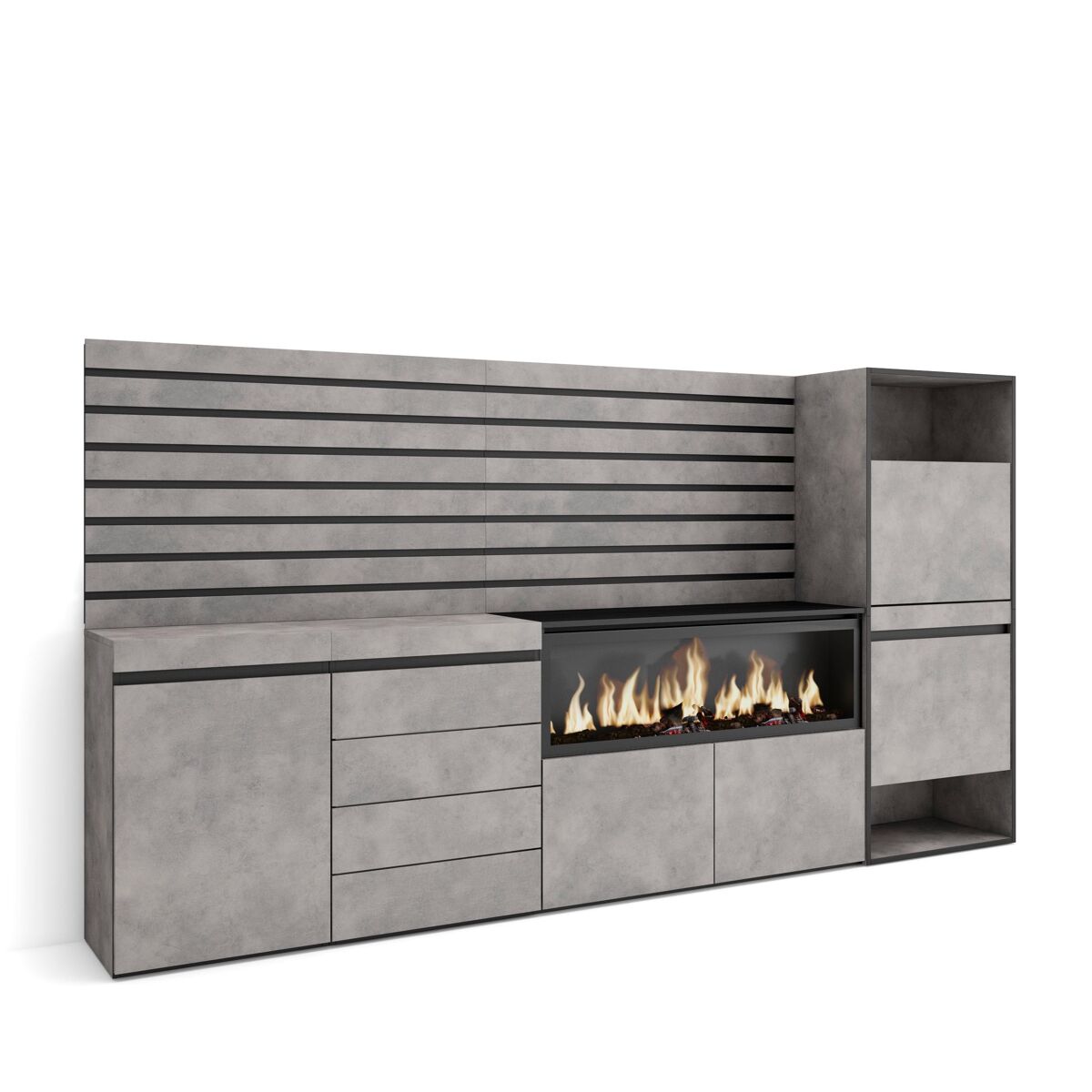 Aparador, buffet, amplo espaço armazenamento, 274x35x145cm, para quarto, dormitório, lareira eléctrica xxl, cómoda, sapateira, estilo moderno, cimento