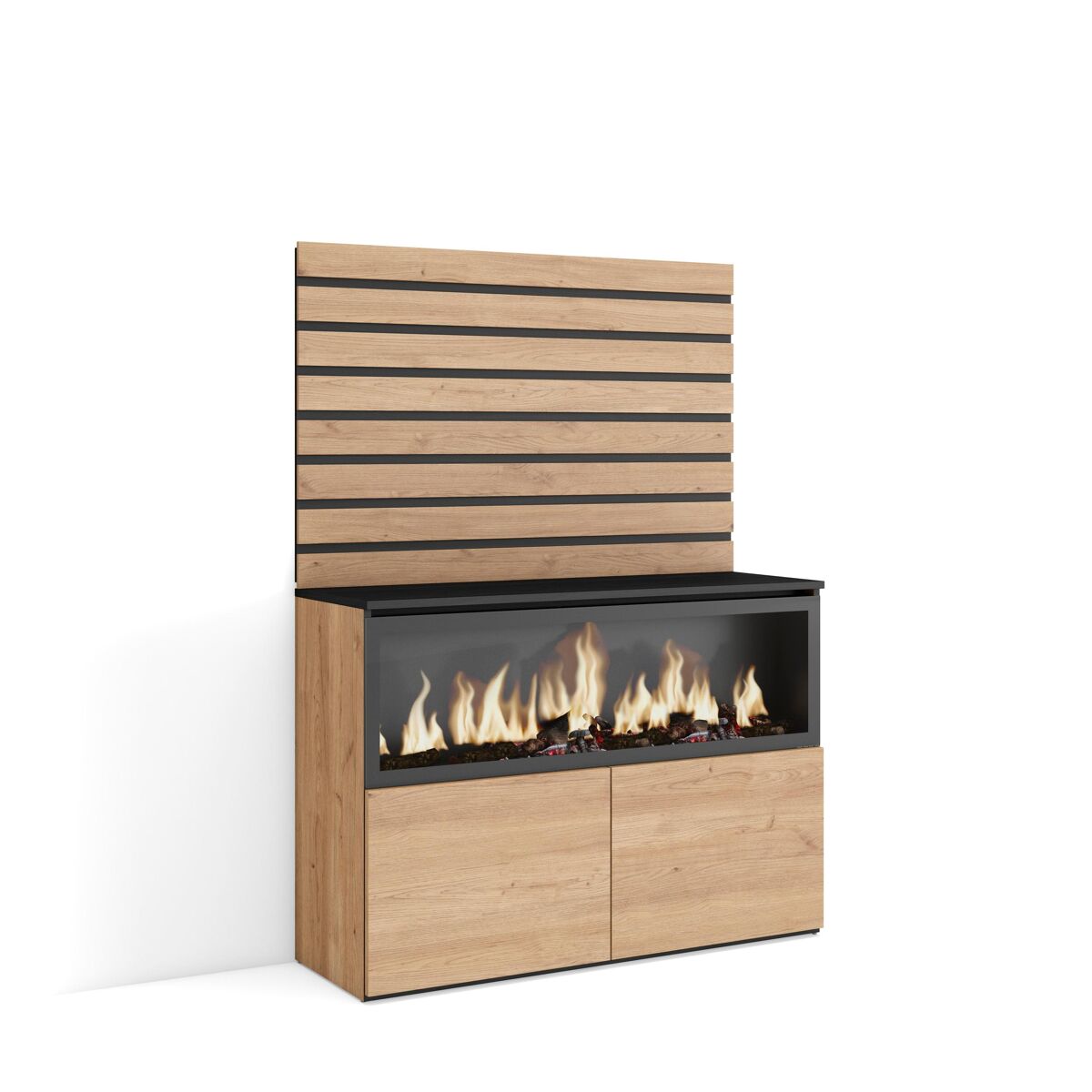 Aparador, buffet, amplo espaço armazenamento, 107x35x145cm, para quarto, dormitório, lareira eléctrica xxl, estilo moderno, carvalho