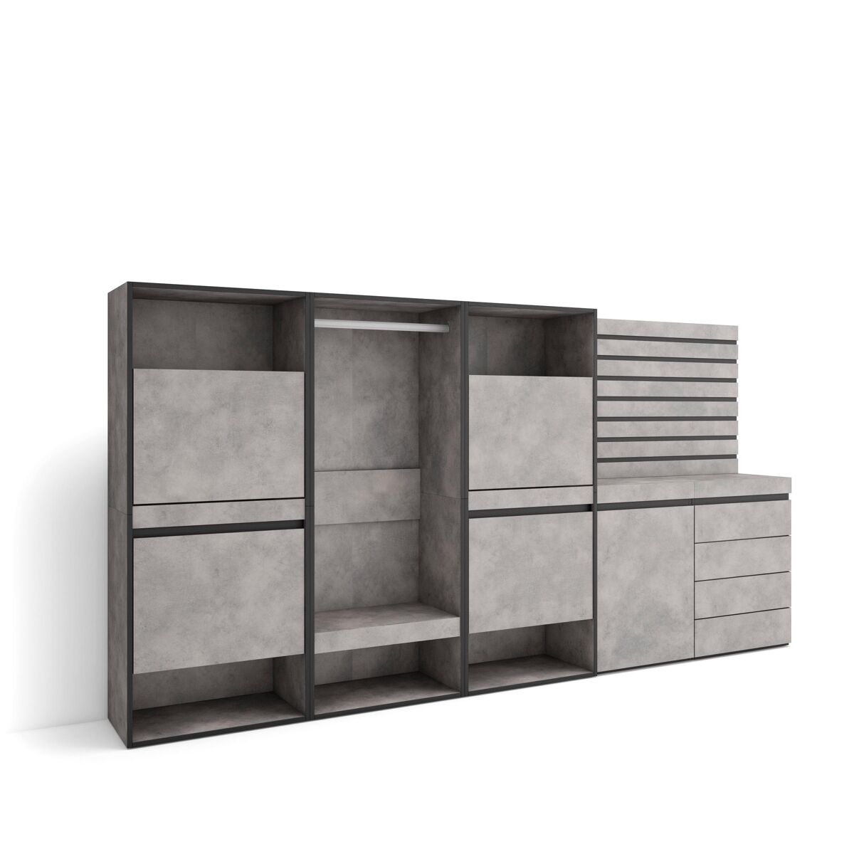 Sapateira, organização armazenamento, 287x35x145cm, para quarto, dormitório, roupeiro aberto, cómoda, tiras deco. madeira, estilo moderno, cimento