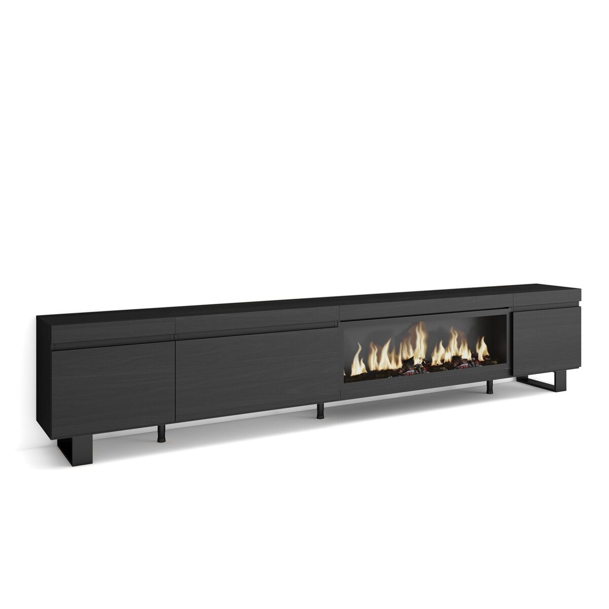 Móvel de tv, muito espaço de arrumação, 288x35x57cm, tv de grande formato, lareira eléctrica xxl, design industrial, estilo moderno, preto