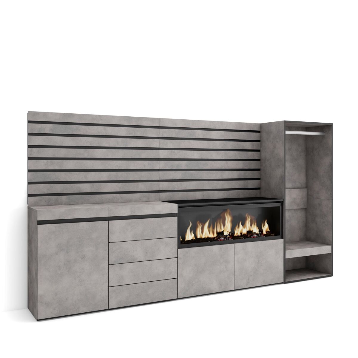 Aparador, buffet, amplo espaço armazenamento, 274x35x145cm, para quarto, dormitório, lareira eléctrica xxl, cómoda, roupeiro aberto, estilo moderno,