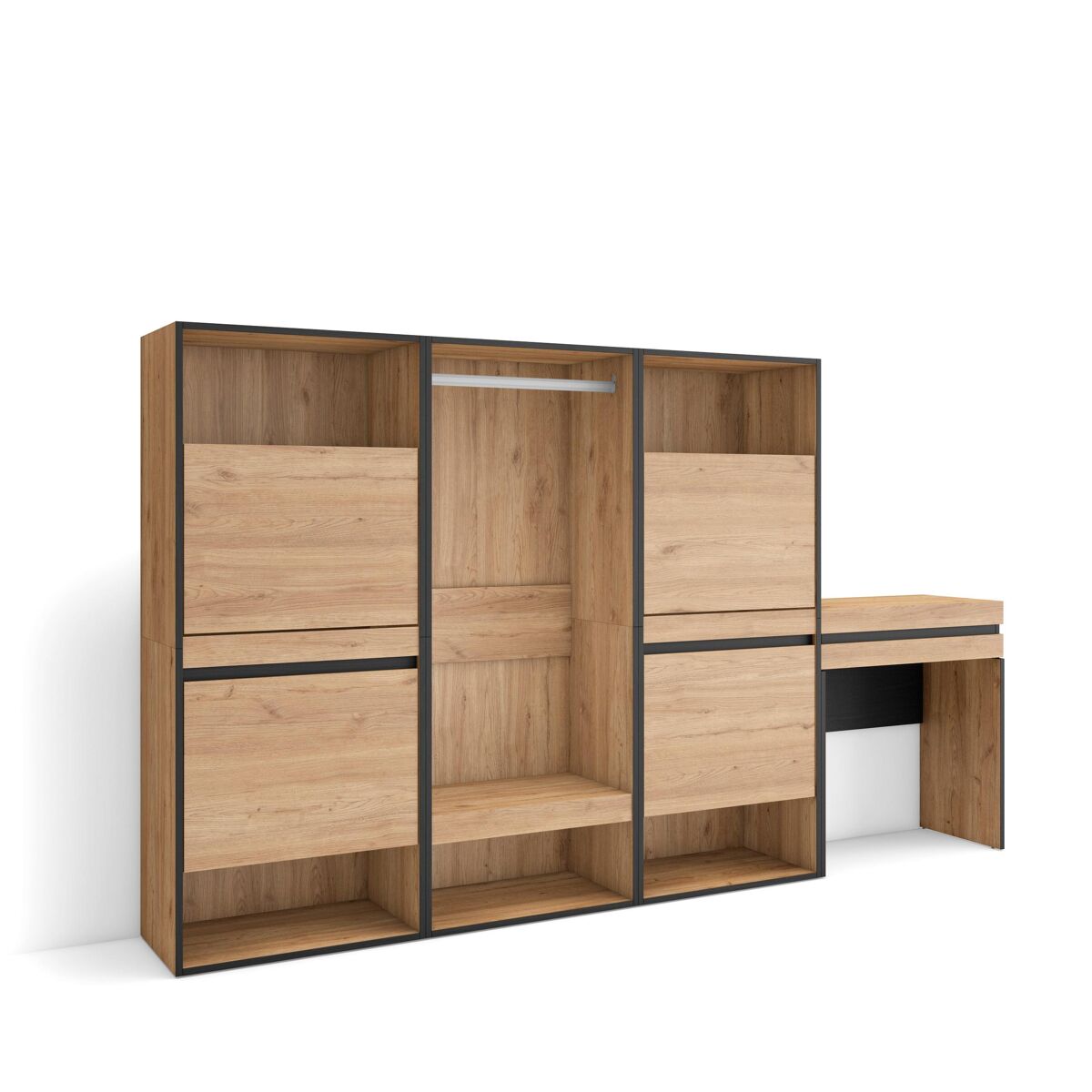 Sapateira, organização armazenamento, 250x35x145cm, para quarto, dormitório, roupeiro aberto, toucador, estilo moderno, carvalho