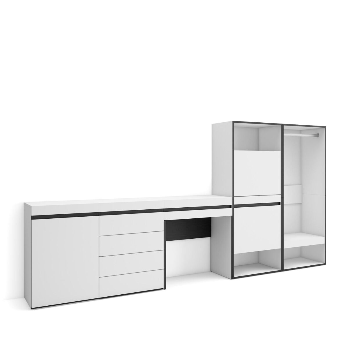 Sapateira, organização armazenamento, 297x35x145cm, para quarto, dormitório, roupeiro aberto, cómoda, toucador, estilo moderno, branco