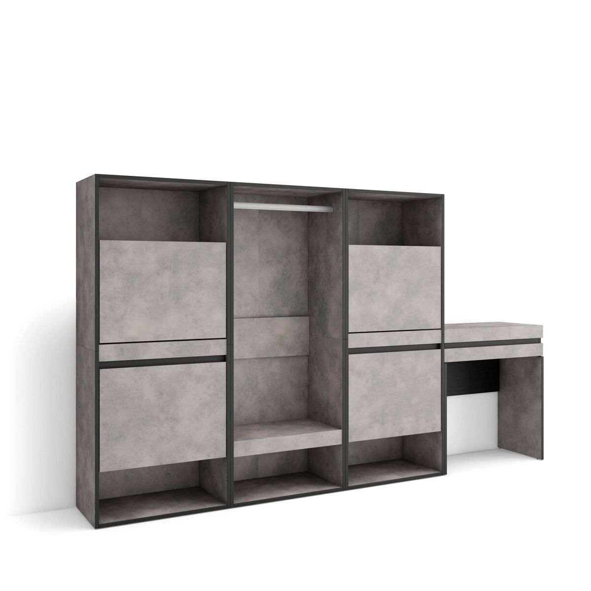 Sapateira, organização armazenamento, 250x35x145cm, para quarto, dormitório, roupeiro aberto, toucador, estilo moderno, cimento