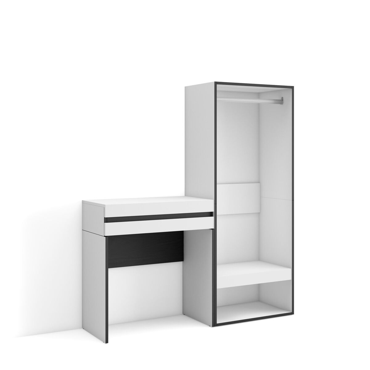 Mesa consola de entrada, mesa auxiliar para entrada, 130x35x145cm, com gaveta, roupeiro aberto, estilo moderno, branco