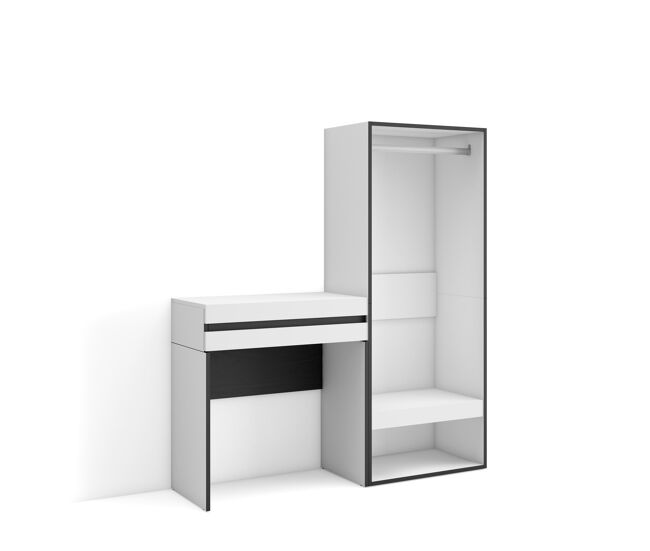 Mesa consola de entrada, mesa auxiliar para entrada, 130x35x145cm, com gaveta, roupeiro aberto, estilo moderno, branco