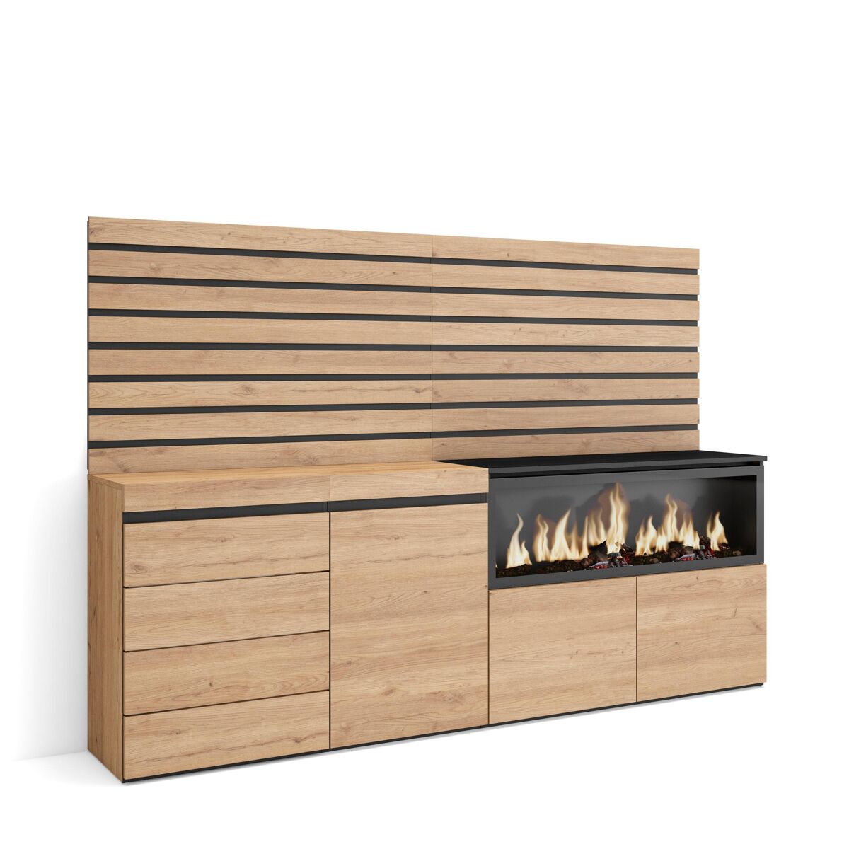 Aparador, buffet, amplo espaço armazenamento, 214x35x145cm, para quarto, dormitório, lareira eléctrica xxl, cómoda, estilo moderno, carvalho
