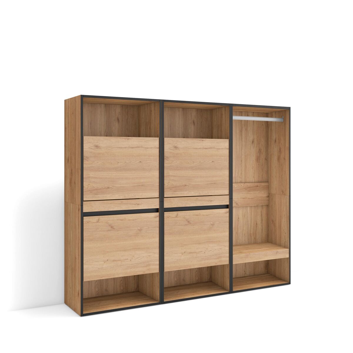 Sapateira, organização armazenamento, 180x35x145cm, para quarto, dormitório, roupeiro aberto, estilo moderno, carvalho