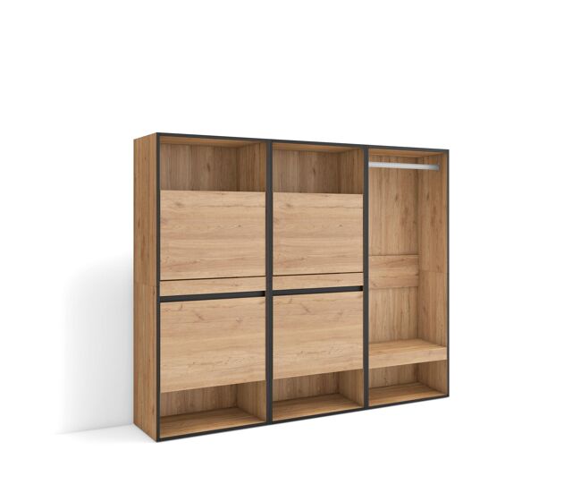Sapateira, organização armazenamento, 180x35x145cm, para quarto, dormitório, roupeiro aberto, estilo moderno, carvalho