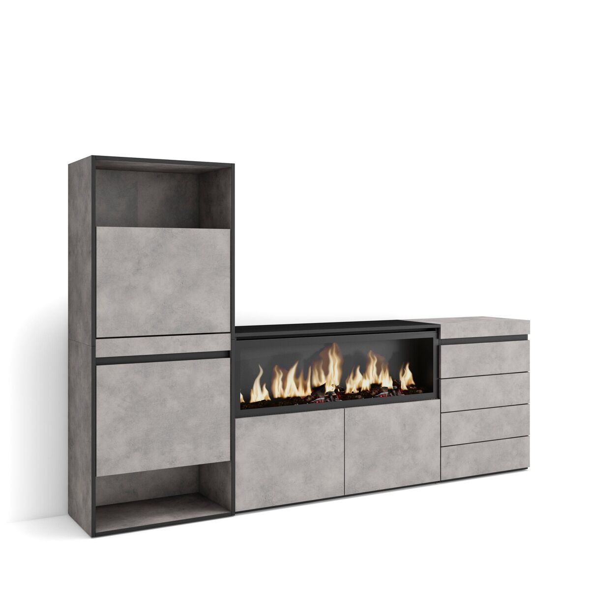 Sapateira, organização armazenamento, 224x35x145cm, para quarto, dormitório, lareira eléctrica xxl, cómoda, estilo moderno, cimento