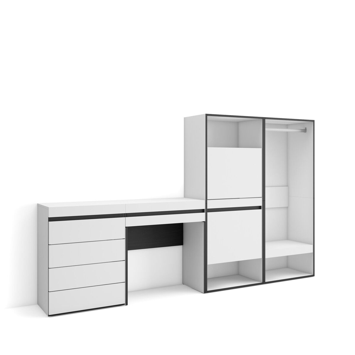 Sapateira, organização armazenamento, 247x35x145cm, para quarto, dormitório, roupeiro aberto, cómoda, toucador, estilo moderno, branco