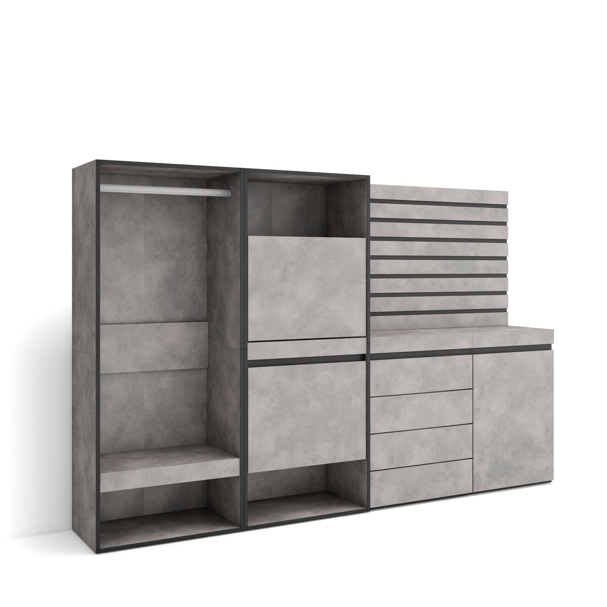 Sapateira, organização armazenamento, 227x35x145cm, para quarto, dormitório, roupeiro aberto, cómoda, tiras deco. madeira, estilo moderno, cimento