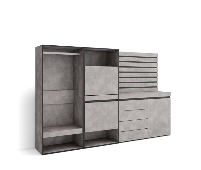 Sapateira, organização armazenamento, 227x35x145cm, para quarto, dormitório, roupeiro aberto, cómoda, tiras deco. madeira, estilo moderno, cimento
