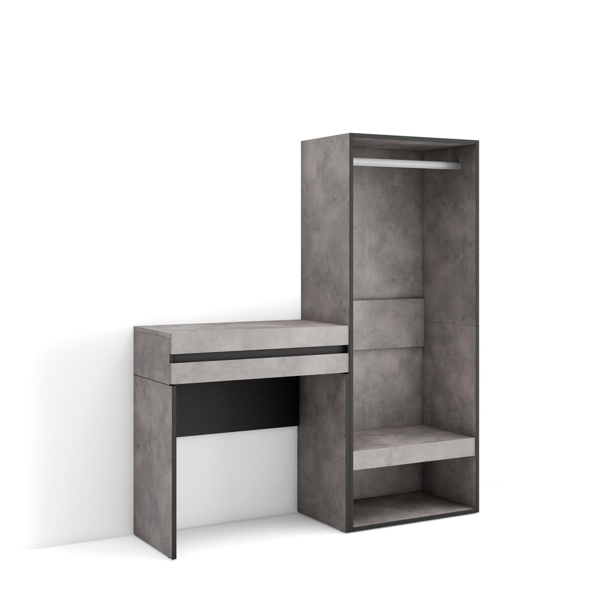 Mesa consola de entrada, mesa auxiliar para entrada, 130x35x145cm, com gaveta, roupeiro aberto, estilo moderno, cimento