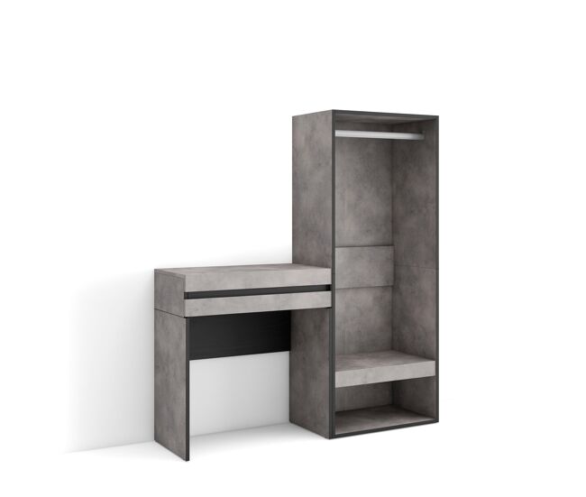 Mesa consola de entrada, mesa auxiliar para entrada, 130x35x145cm, com gaveta, roupeiro aberto, estilo moderno, cimento