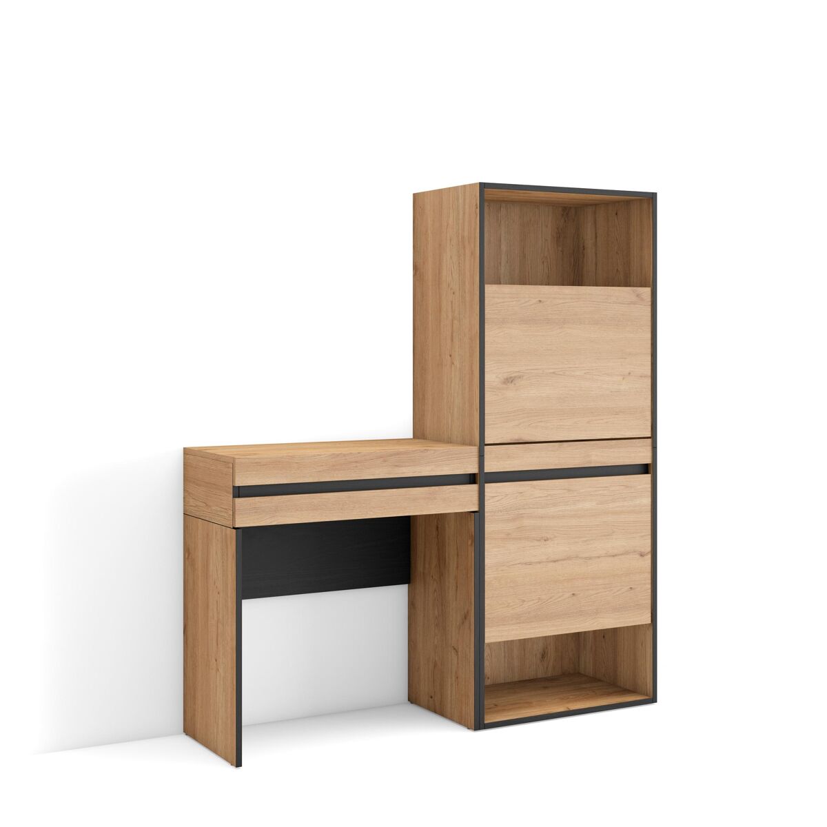 Mesa consola de entrada, mesa auxiliar para entrada, 130x35x145cm, com gaveta, sapateira, estilo moderno, carvalho