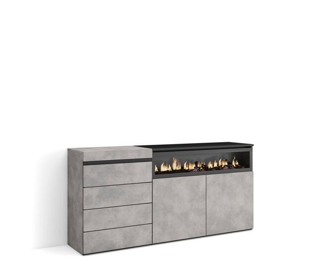 Cómoda, com gavetas, armazenamento, 157x35x75cm, para quarto, dormitório, lareira eléctrica, estilo moderno, cimento