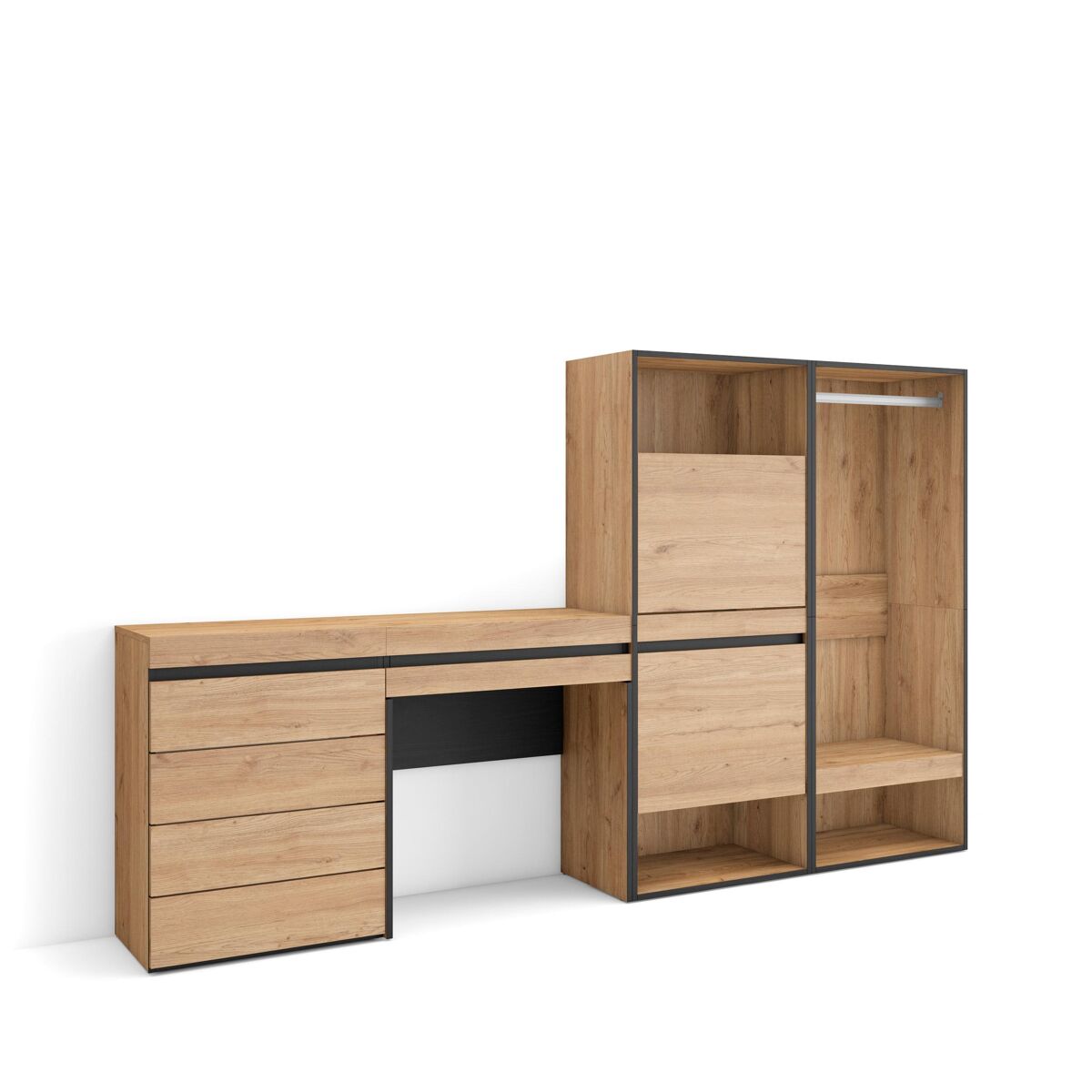 Sapateira, organização armazenamento, 247x35x145cm, para quarto, dormitório, roupeiro aberto, cómoda, toucador, estilo moderno, carvalho