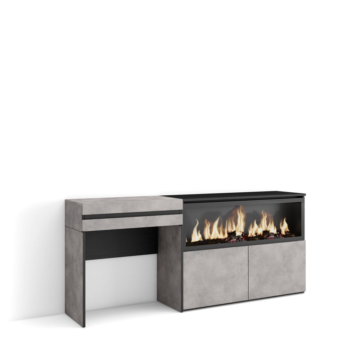Toucador, mesa com armazenamento, 177x35x75cm, com gaveta, lareira eléctrica xxl, estilo moderno, cimento