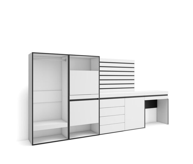 Sapateira, organização armazenamento, 297x35x145cm, para quarto, dormitório, roupeiro aberto, cómoda, tiras deco. madeira, toucador, estilo moderno,