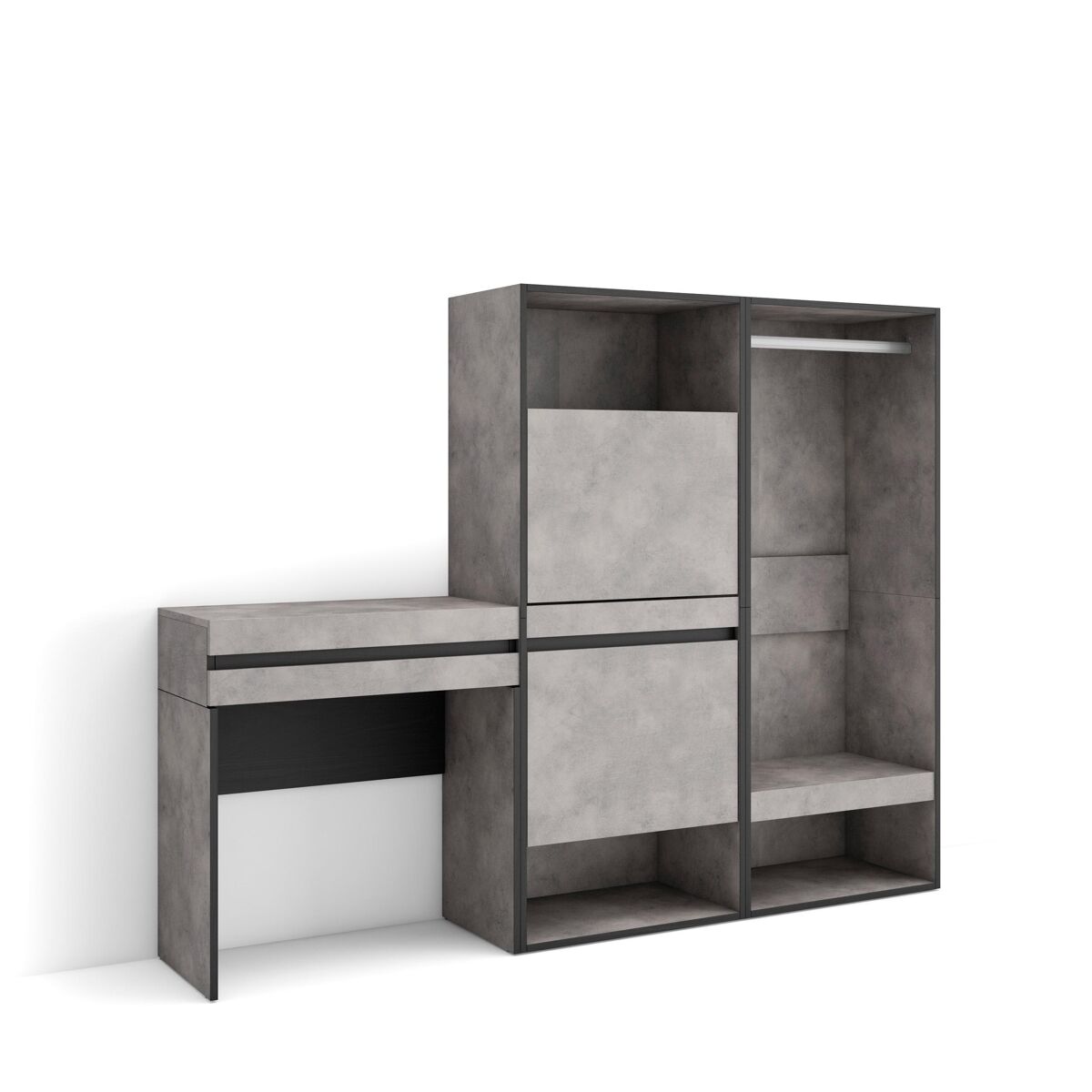 Mesa consola de entrada, mesa auxiliar para entrada, 190x35x145cm, com gaveta, sapateira, roupeiro aberto, estilo moderno, cimento