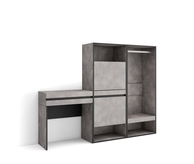 Mesa consola de entrada, mesa auxiliar para entrada, 190x35x145cm, com gaveta, sapateira, roupeiro aberto, estilo moderno, cimento