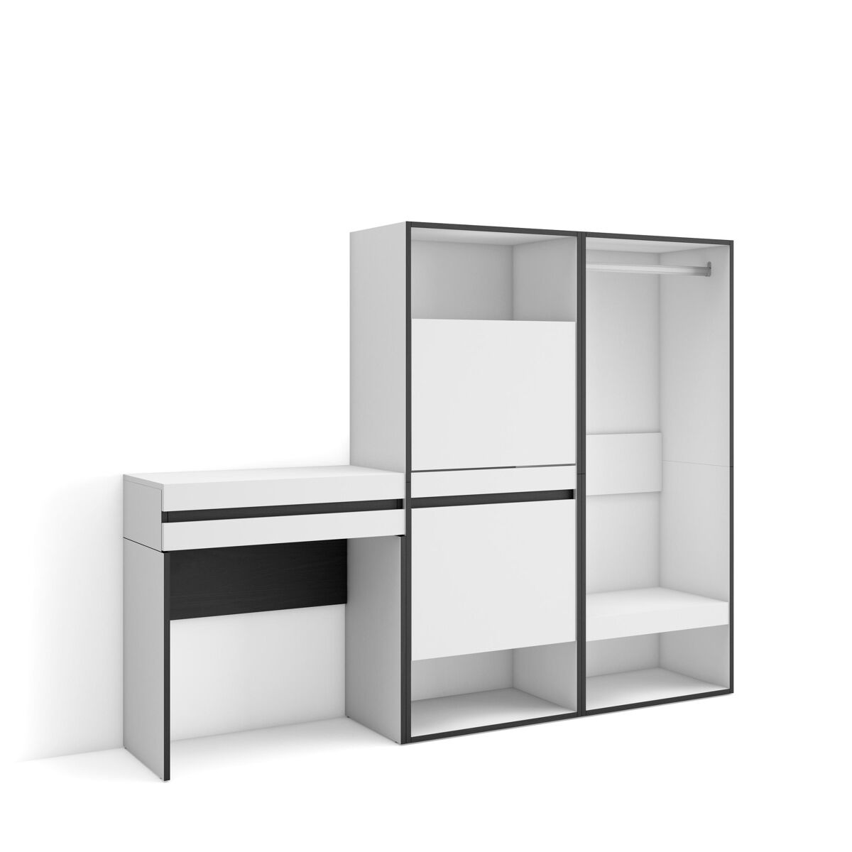 Mesa consola de entrada, mesa auxiliar para entrada, 190x35x145cm, com gaveta, sapateira, roupeiro aberto, estilo moderno, branco