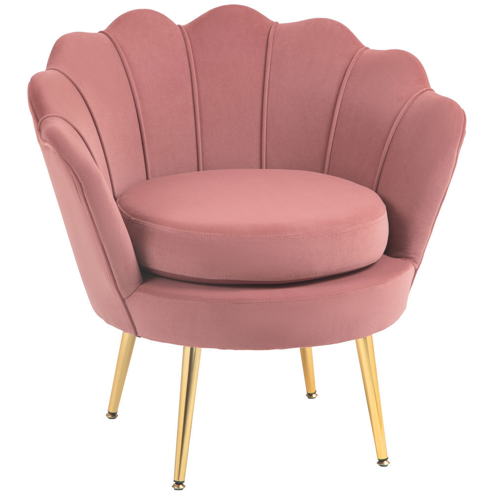 Homcom poltrona de sala estofada em veludo poltrona para quarto com encosto em forma de concha e pernas douradas para sala de jantar 76x67x74 cm rosa
