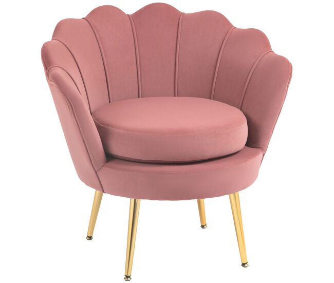 Homcom poltrona de sala estofada em veludo poltrona para quarto com encosto em forma de concha e pernas douradas para sala de jantar 76x67x74 cm rosa
