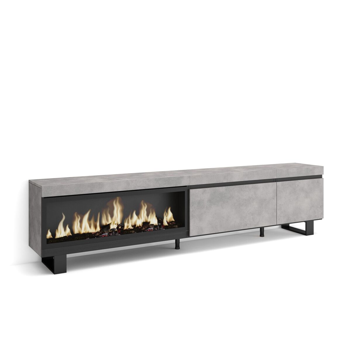 Móvel de tv, muito espaço de arrumação, 237x35x57cm, tv de grande formato, lareira eléctrica xxl, design industrial, estilo moderno, cimento