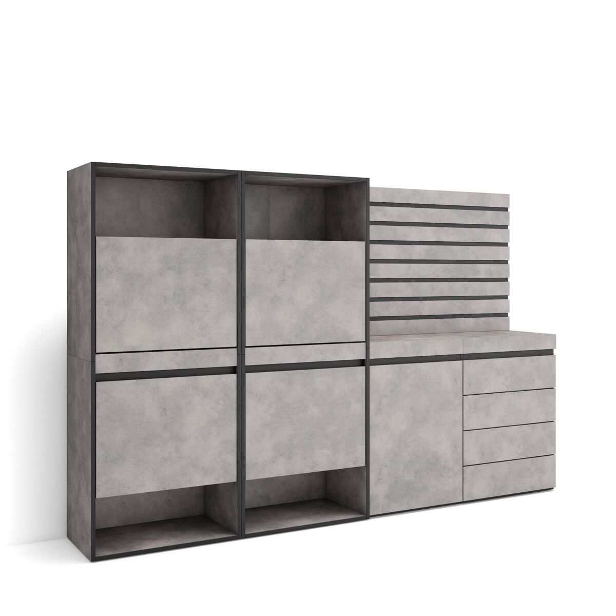 Sapateira, organização armazenamento, 227x35x145cm, para quarto, dormitório, cómoda, tiras deco. madeira, estilo moderno, cimento