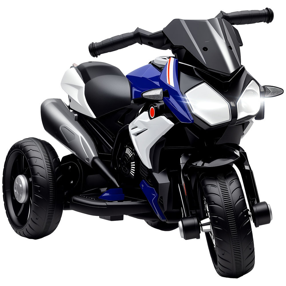 Homcom motocicleta électrique infantil com 3 rodas triciclo para enfants acima de 3 anos com bateria 6v recarregável funções de música buzina faróis 86x42x52 cm bleu