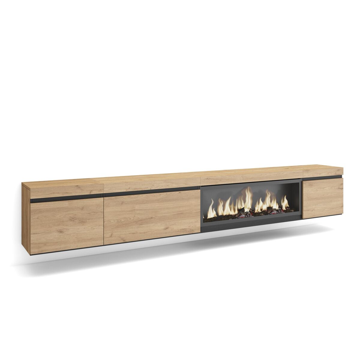 Móvel de tv, muito espaço de arrumação, 288x35x45cm, tv de grande formato, lareira eléctrica xxl, suspensos, estilo moderno, carvalho