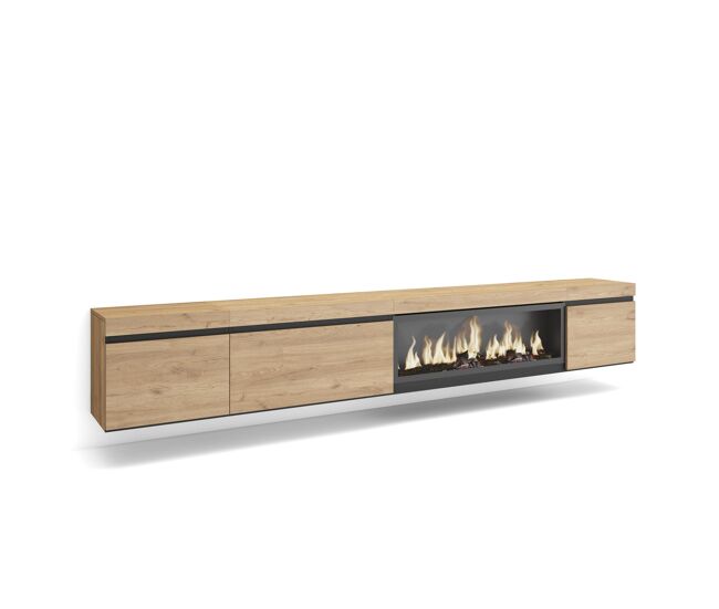 Móvel de tv, muito espaço de arrumação, 288x35x45cm, tv de grande formato, lareira eléctrica xxl, suspensos, estilo moderno, carvalho